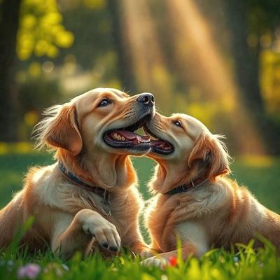 The image features two dogs sitting in the grass, with one dog's head resting on the other dog's head. They appear to be enjoying each other's company and are positioned close to each other. The scene is set in a grassy area, and the overall atmosphere is warm and friendly.